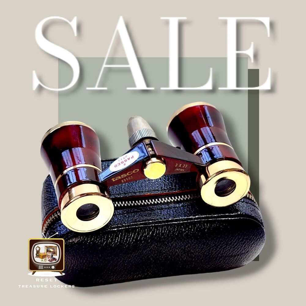 Vintage Tasco Opera Binocular Glasses Elegant Red & Gold Compact w/ Light & Case